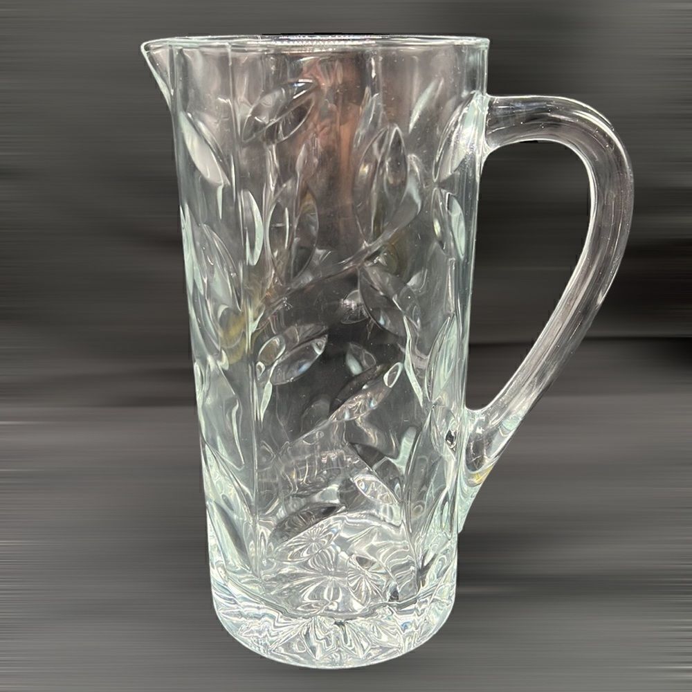 Italian Crystal Pitcher Clear Cut Glass Leaf Floral Heavy Laurus Brocca